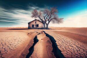 Desolate Farm, A Haunting View of Dried Agricultural Fields and Cracked Soil. Ecological problem concept, . Digital Art Illustration photo