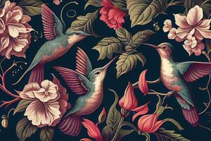 Vintage floral pattern with hummingbirds. . Digital Art Illustration photo