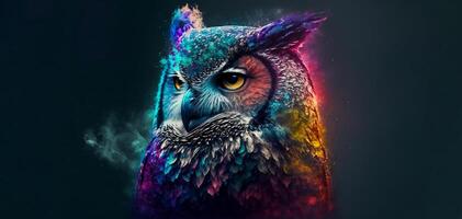 Abstract animal Owl portrait with colorful double exposure paint with . photo