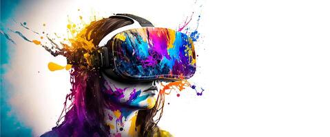 Abstract VR headset glasses portrait with colorful double exposure paint with . photo