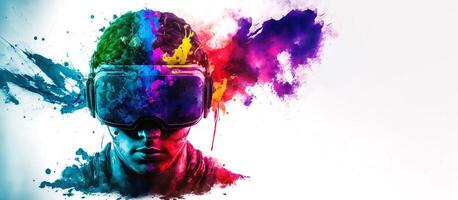 Abstract VR headset glasses portrait with colorful double exposure paint with . photo