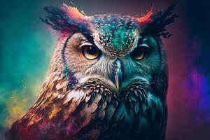 Abstract animal Owl portrait with colorful double exposure paint with . photo