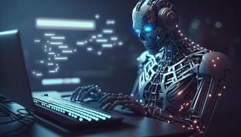 Artificial intelligence, cyborg using computer and typing keyboard, Technology in future, Writing programming codes. . photo