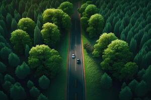 aéreo parte superior ver de asfalto la carretera mediante verde bosque, sano lluvia bosque, ambiente, salud, verde economía, ver de naturaleza ecosistema para salvar tierra con generativo ai. foto