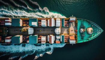 Aerial top view of cargo container business ship, global express in the ocean, logistic freight shipping and transportation, container cargo maritime ship with . photo
