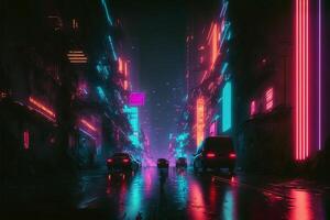Night city Cyber punk landscape concept. Light glowing on dark scene. Night life. Technology network for 5g. Beyond generation and futuristic of Sci-Fi Capital city and building scene. . photo