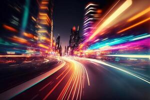 Motion of line speed and power or light trails. High-speed light with curve movement beam. 5G Technology fast and futuristic background. Abstract motion blur. . photo