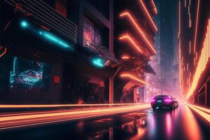 Night city Cyber punk landscape concept. Light glowing on dark scene. Night life. Technology network for 5g. Beyond generation and futuristic of Sci-Fi Capital city and building scene. . photo