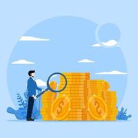 Concept Closer look at finance, Businessman with magnifying glass examining and doing research on business economics and money. Flat design vector illustration.