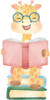 söt Lycklig giraff unge djur- tillbaka till skola med väska och böcker, barn vattenfärg illustration png