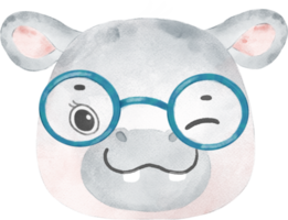 cute watercolor nerd wild hippo animal wear glasses cartoon painting png