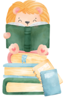 cute watercolour baby lion animal kid reading book, back to school cartoon character illustration png