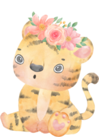 cute baby playful tiger with floral crown, whimsical children animal watercolour illustration png