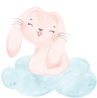 Adorable whimsical happy sweet baby pink bunny rabbit on soft blue cloud children watercolor illustration png