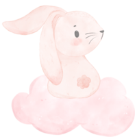 adorable whimsical happy sweet baby pink bunny rabbit watercolour on soft pink cloud children illustration png