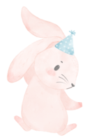 Adorable whimsical happy baby pink bunny rabbit with colourful party hat, children watercolor illustration png