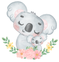 Cute Fuzzy-Eared Koala mother and baby with sweet flower banner Happy mother day watercolour whimsical Illustration png