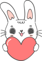 kawaii happy smile white bunny holding red heart, cute whimsical rabbit kid cartoon doodle hand drawing png