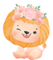 Cute sweet happy baby lion with floral crown watercolour kid animal illustration png