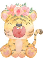 cute baby playful tiger with floral crown, whimsical children animal watercolour illustration png