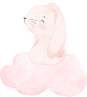 adorable whimsical happy sweet baby pink bunny rabbit watercolour on soft pink cloud children illustration png