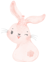 adorable capricieux content bébé rose lapin lapin avec coloré fête chapeau, les enfants aquarelle illustration png