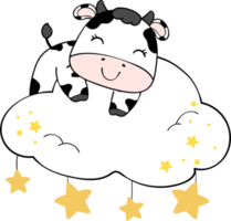 Cute happy smile baby cow sitting on cloud children cartoon character doodle hand drawing png