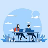 Students acquire knowledge, Education concept, Two people studying and studying with books and computer sitting at desks in school. flat design vector illustration