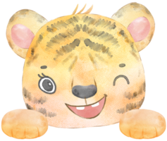 cute baby tiger innocence face head with paw hand watercolour illustration png