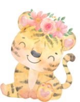 fofa bebê brincalhão tigre com floral coroa, caprichoso crianças animal aguarela ilustração png