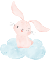 adorable capricieux content sucré bébé rose lapin lapin sur doux bleu nuage les enfants aquarelle illustration png