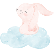 Adorable whimsical happy sweet baby pink bunny rabbit on soft blue cloud children watercolor illustration png