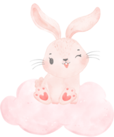 adorable whimsical happy sweet baby pink bunny rabbit watercolour on soft pink cloud children illustration png