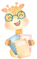 cute happy giraffe kid animal back to school with bag and books, children watercolour illustration png