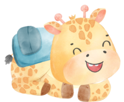 cute happy giraffe kid animal back to school with bag and books, children watercolour illustration png