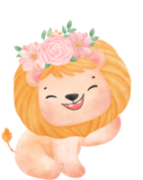 Cute sweet happy baby lion with floral crown watercolour kid animal illustration png