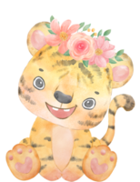 cute baby playful tiger with floral crown, whimsical children animal watercolour illustration png