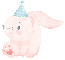 adorable capricieux content bébé rose lapin lapin avec coloré fête chapeau, les enfants aquarelle illustration png