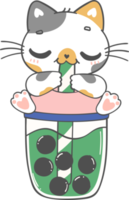 Kawaii funny bubble tea cat lover, cute boba tea kitten cartoon doodle hand drawing png