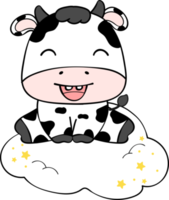 Cute happy smile baby cow sitting on cloud children cartoon character doodle hand drawing png