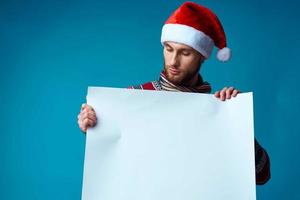 Cheerful man in a christmas white mockup Poster studio posing photo