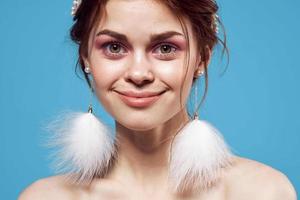 pretty woman bare shoulders fluffy earrings jewelry luxury cosmetics photo