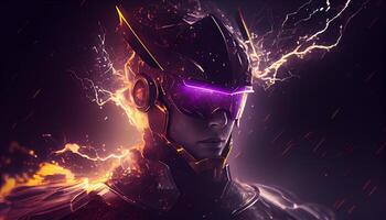 Powerful Neon Light Suter Hero Character Person Portrait Digital Illustration photo