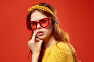 pretty woman in red glasses headband hipster fashion posing photo