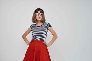 pretty woman with glasses striped tshirt summer fashion photo