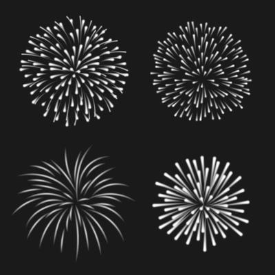 Festive patterned firework  bursting  in various shapes sparkling pictograms set.