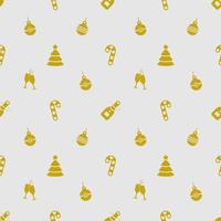 Christmas seamless pattern of big and small snowflakes and various Xmas symbols, golden on light gray backgroun. vector