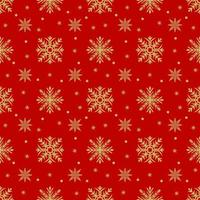 Gold snowflakes and stars seamless pattern on a red background, vector Christmas illustration.