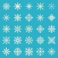 Big set of blue snowflakes of different geometric shapes. vector