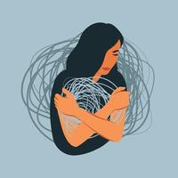 Mental disorder concept. Depression woman. Stress, despair, anxiety disorder, fatigue. Psychotherapy concept. Vector illustration.